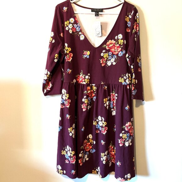 NWT Forever 21 Burgundy Floral Dress V-Neck - Picture 2 of 6